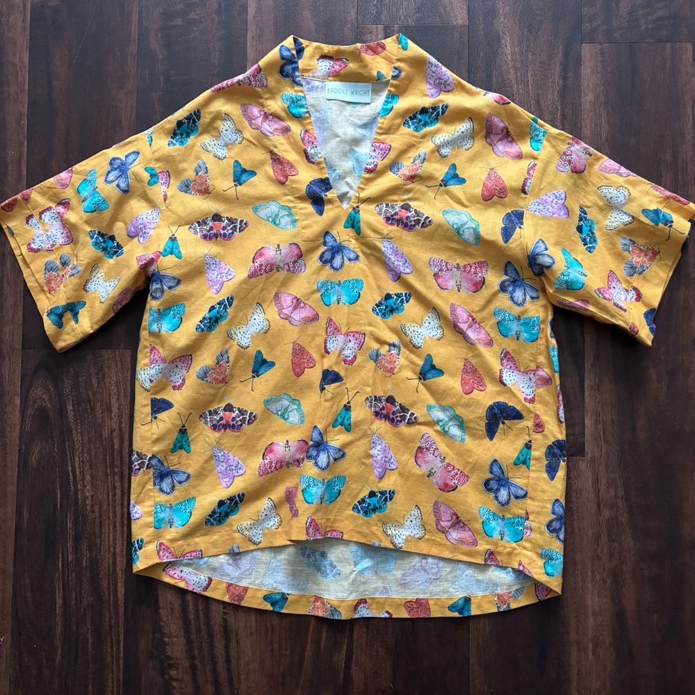 Brooke Wright Designs yellow butterfly print top  linen blend size M